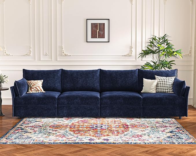 134.6" Modular Sectional Sofa, Oversized 4 Seater Blue Couch with Removable Chenille Fabric Cover, Deep Seat & High Backrest for Living Room, Office & Apartment-CasaMuseHome