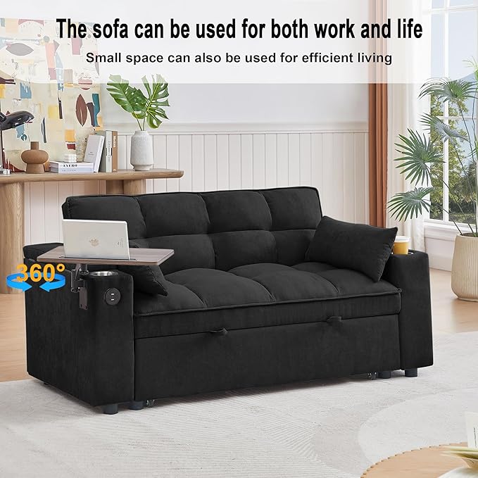 66" Multi-Functional Pull-Out Sofa Bed with Hidden Side Table, Storage Armrests, Built-in Charging Port, Spring Mattress, Solid Wood Frame – Ideal for Small Spaces, Easy Assembly-CasaMuseHome