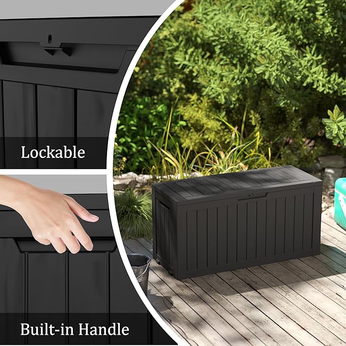 80 Gallon Outdoor Storage Box with Wheels, Waterproof Lockable Resin Deck Box Patio Storage Bin for Pool Accessories Cushion Furniture, Garden Tools, UV-Resistant Outside Delivery Black-CasaMuseHome