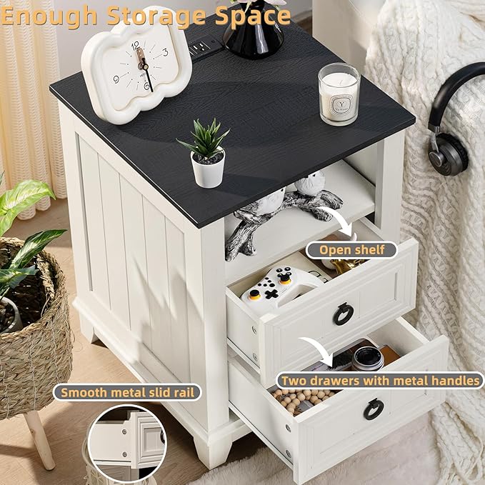 18" Farmhouse Night Stands Set of 2 with Charging Station, 2 Drawers End Table Dresser for Bedroom， Wooden Nightstand, Bed Side Table with Open Shelf, Bedside Cabinet for Living Room（White）-CasaMuseHome