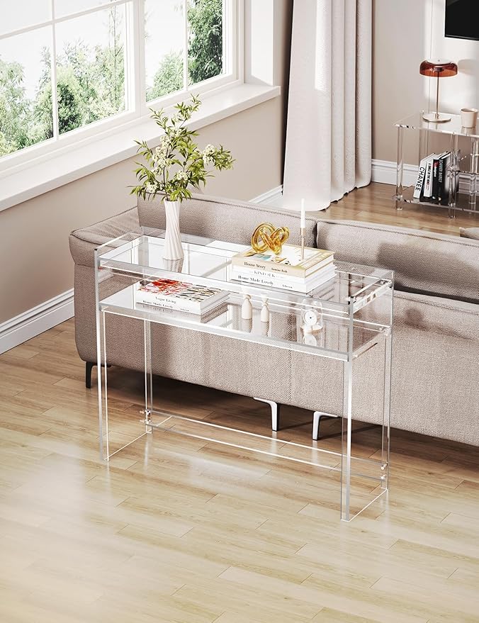 Acrylic Console Table, Entryway Table with Storage Shelves (1, 39.4 * 31.5 * 11.7) (Clear)-CasaMuseHome