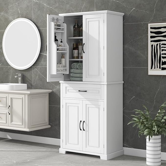 72.2" Tall Storage Cabinet with 4 Doors and Drawer, Freestanding Linen Cabinet, Wooden Pantry with Adjustable Shelf for Kitchen, Bathroom, Living Room White-CasaMuseHome