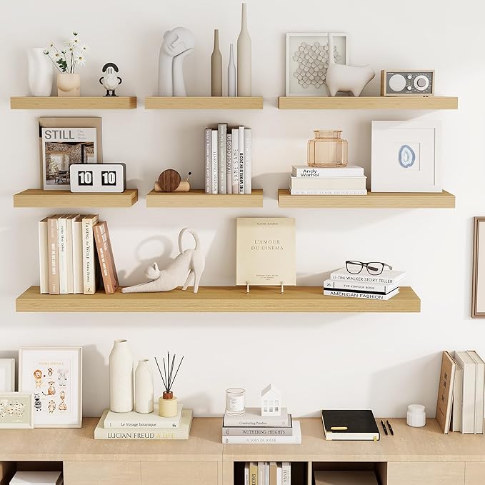 16 Inch Floating Shelves, 3D Textured Wood Grain, 16"x9.25"x1.5" Inch Deep Floating Shelves for Wall, Wooden Shelves for Bathroom, Bedroom, Living Room, Natural-CasaMuseHome