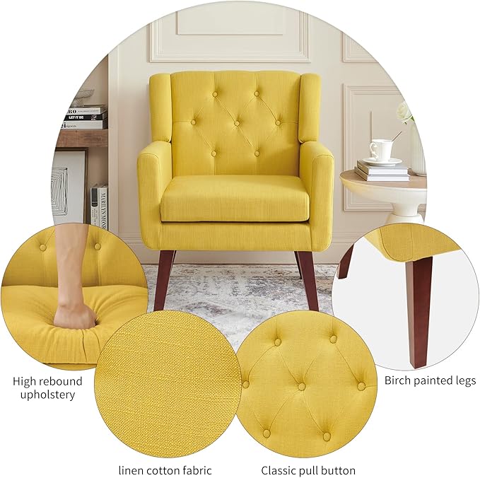 Accent Chair Button-Tufted Upholstered Living Room Chairs Comfy Reading Chair Mid Century Modern Chair with Linen Fabric Lounge Arm Chairs for Living Room Bedroom (Yellow Set of 2)-CasaMuseHome