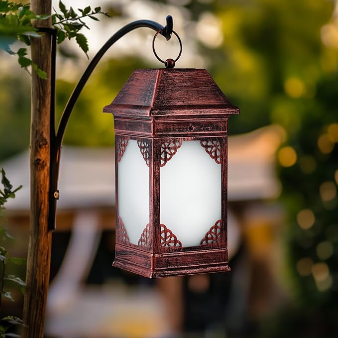 14" Solar Lanterns Outdoor Waterproof, Glass Flickering Flame Solar Lantern, Hanging Metal Lantern Decorative for Patio Front Porch Garden Backyard Tabletop Party Decoration-CasaMuseHome