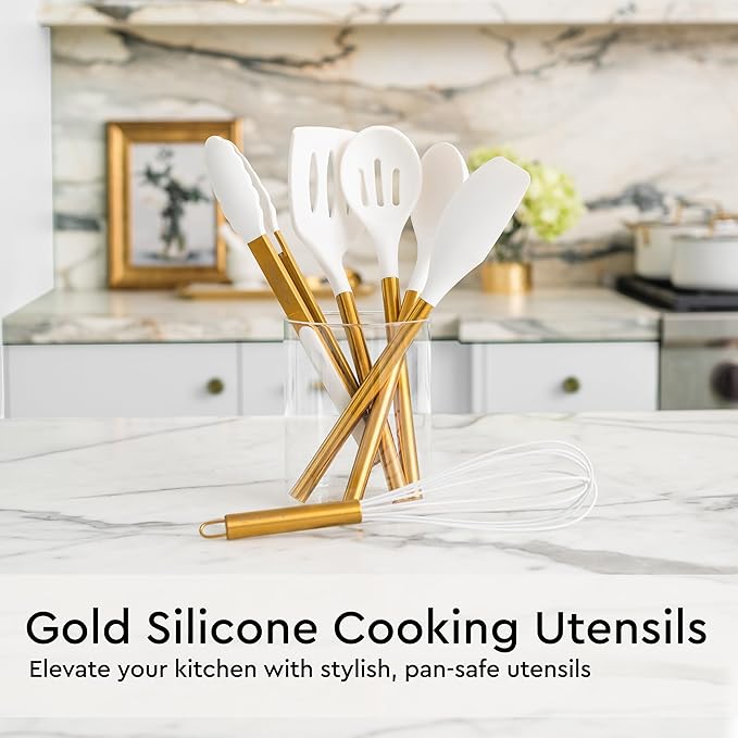 Gold Kitchen Utensils Set - 19-Piece Set Includes Stainless Steel Gold Utensils, White Silicone Tools, and Measuring Cups and Spoons - Luxury Kitchen Accessories for Modern Cooking, Serving, & Gifting-CasaMuseHome