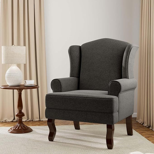 Accent Chair, High Back Upholstered Armchair with High Resilience Sponge & Wood Legs, Mid-Century Modern Comfy Single Sofa Reading Chairs for Living Room, Bedroom (Dark Grey, Set of 1)-CasaMuseHome