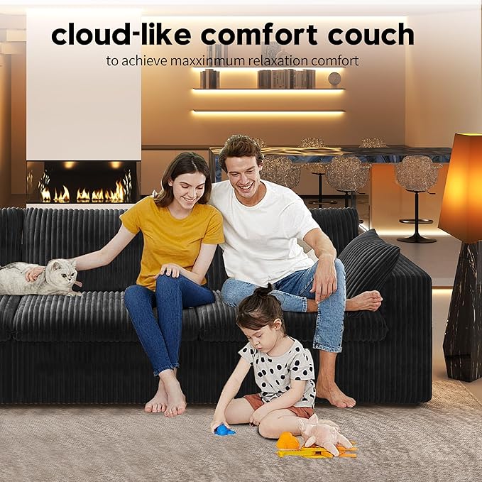 118" 3-Seater Cloud Sofa,Modular Sectional Couch,Modern Deep Seat Upholstered Couches with Plush Corduroy Fabric for Living Room Furniture,Bedroom and Apartment,No Assembly Required,Black-CasaMuseHome