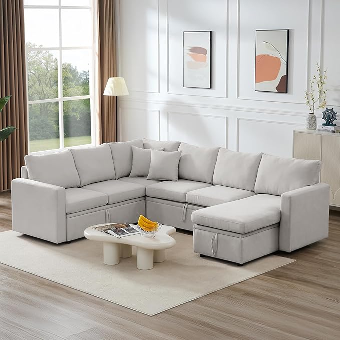 7 - Seater Sofa Bed, Large U - Shaped Modular Sectional Sofa, Oversized Pull - Out Sleeper with Storage for Living Room, Light Grey-CasaMuseHome