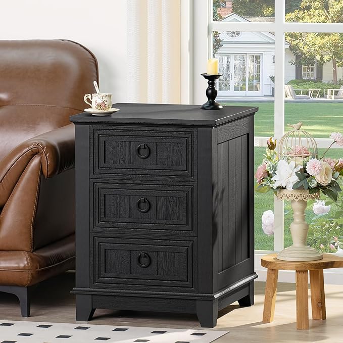 18" Farmhouse Night Stand with 3 Drawers, Wood End Table Dresser for Bedroom, Black Nightstand, Bed Side Table with Metal Handle, Bedside Cabinet for Bedroom Living Room, Closet-CasaMuseHome