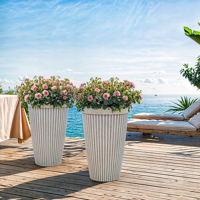 20" Resin Tall Planters for Outdoor Plants, Set of 2 Vintage Gray Large Flower Pots with Handmade Fluted Texture, Heavy-Duty and Weather-Resistant for Year Round Indoor Outdoor use-CasaMuseHome