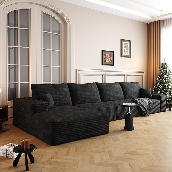 136" Sectional Couches for Living Room Modern Modular Sofa with L-Shape Couchs Upholstered Boneless Couch Deep Seat Sectional Couch with Chaise (Black, Left Facing Chaise+3Seaters)-CasaMuseHome