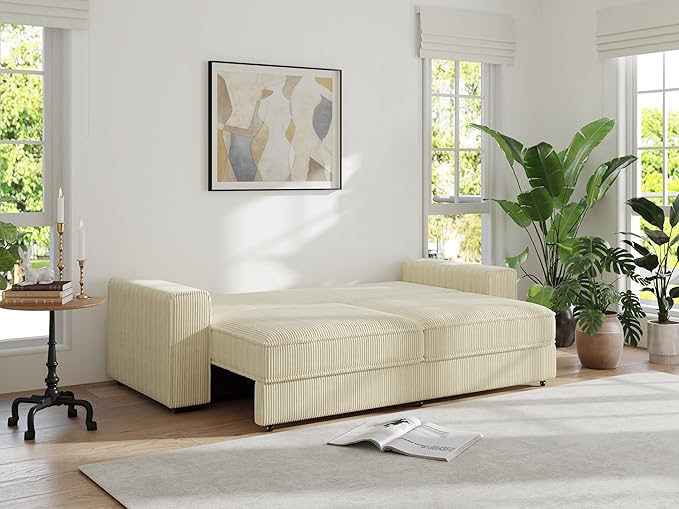 91-Inch Corduroy Pull Out Couch with Storage, Convertible Queen Sleeper Sofa with Pull Out Bed, Hide a Bed Couches for Bedroom, Guest Room, Apartment, Small Places, RV (Beige)-CasaMuseHome