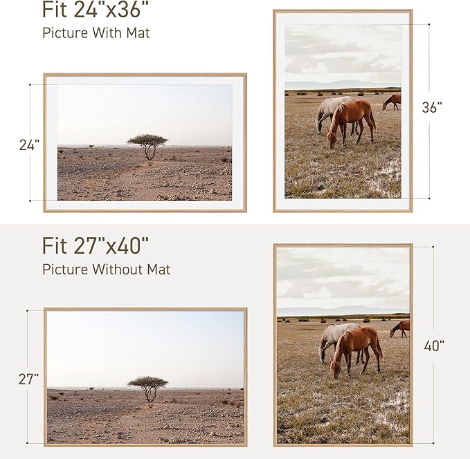 27x40 Poster Frame Set of 2 Natural Solid Oak Photo Frames with 24x36 Removable Mat Wall Hanging Large Handcrafted Frame with HD Plexiglass Wall and Tabletop Display Large Picture Frame-CasaMuseHome