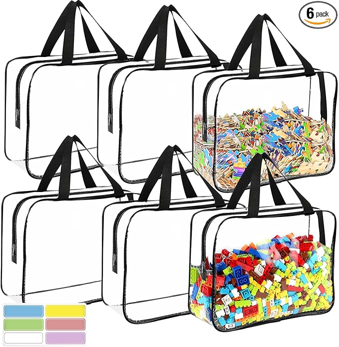 6 Packs Large Toy Storage Bags with Labels, Reusable Clear PVC Board Game Storage, Travel Waterproof Organizer Bags with Zipper for Building Blocks, Puzzle, Kids Books-CasaMuseHome