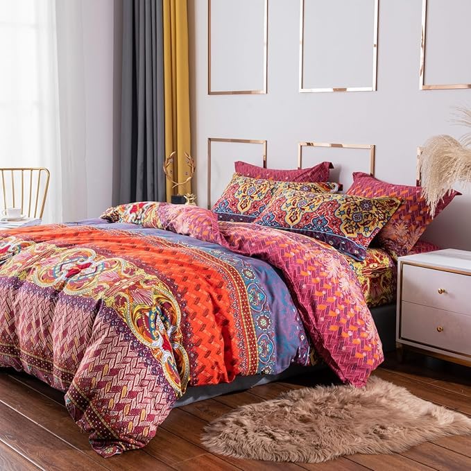 ABREEZE Bohemian Duvet Cover Set Colorful Orange Boho Retro Bedding Set Damask Paisley Cotton Duvet Cover Tribal Reversible Bedding Exotic Style Comforter Cover 3-Piece King-CasaMuseHome