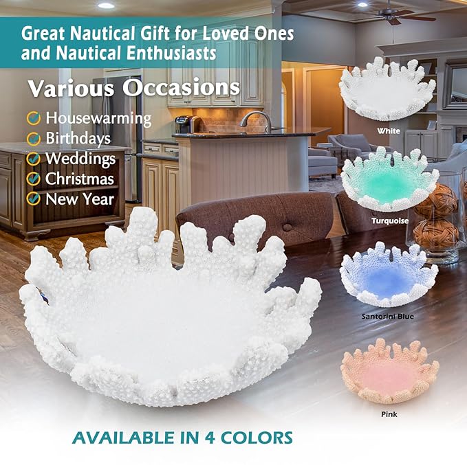 Accessoryway White Coral Textured Decorative Bowl,9.45" Medium Resin Decorative Centerpiece Bowl for Coastal Beach theme house table centerpiece decorations & Nautical decorations for coffee table-CasaMuseHome