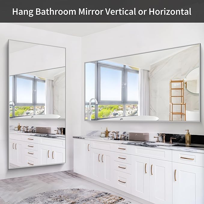 36x72inch Bathroom Mirror, Silver Rectangle Mirror with Thin Metal Frame, Large Rectangular Wall Mirrors for Bathroom, Living Roomm, Hair Salon, Big Farmehouse Mirror Hang Horizontal/Vertical-CasaMuseHome