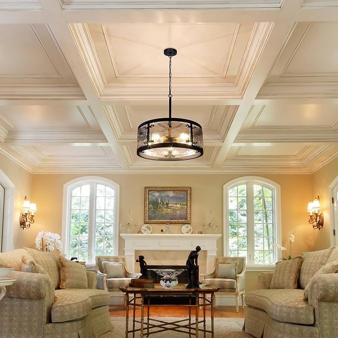 20" Farmhouse Round Black Chandelier, 5-Light Rustic Dining Room Light Fixtures Over Table, Industrial Glass Chandeliers for Dining Kitchen Living Room, Clear Waterglass Drum Shade-CasaMuseHome