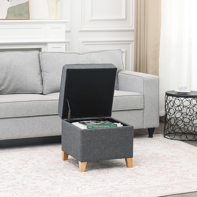 Adeco 17.5" Square Fabric Ottoman with Storage, Upholstered Cotton Linen Foot Rest, Flip Top Footstool, Small Cube Coffee Table Extra Seat for Living Room, Bedroom, Grey with Burlywood Legs-CasaMuseHome