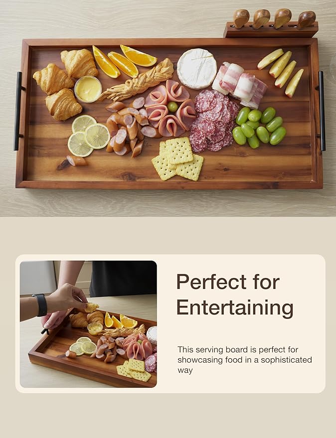 24" Large Charcuterie Tray with Handles, Extra Long Wooden Serving Cheese Boards - Serving Platter for Meat, Party Appetizers, Outdoor & Fruits Display (Acacia Wood)-CasaMuseHome