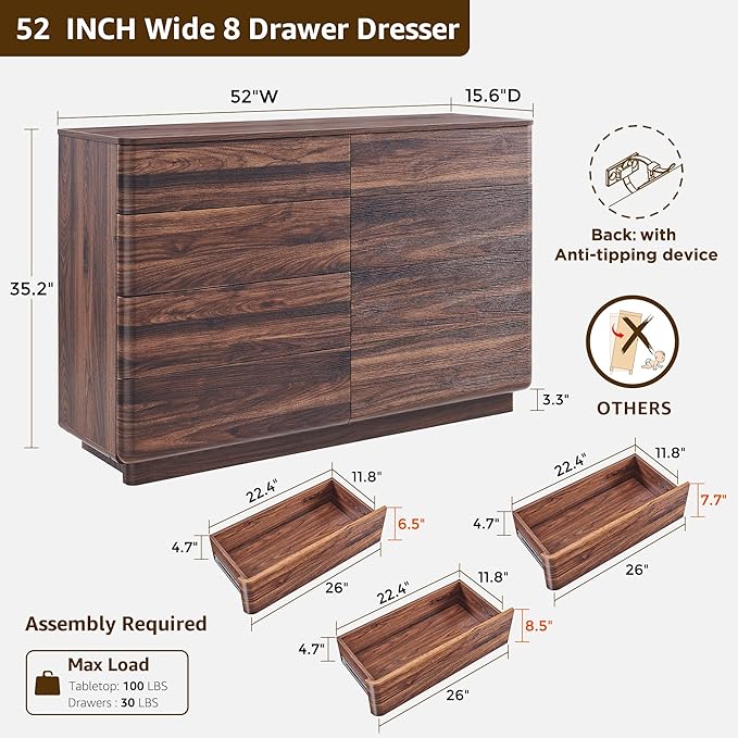 8 Drawer Dresser for Bedroom, 52 Inch Wide Modern Chest of Drawers, Push-to-Open Wood Storgae Organizer with Large Drawers for Bedroom, Living Room, Hallway,Brown-CasaMuseHome