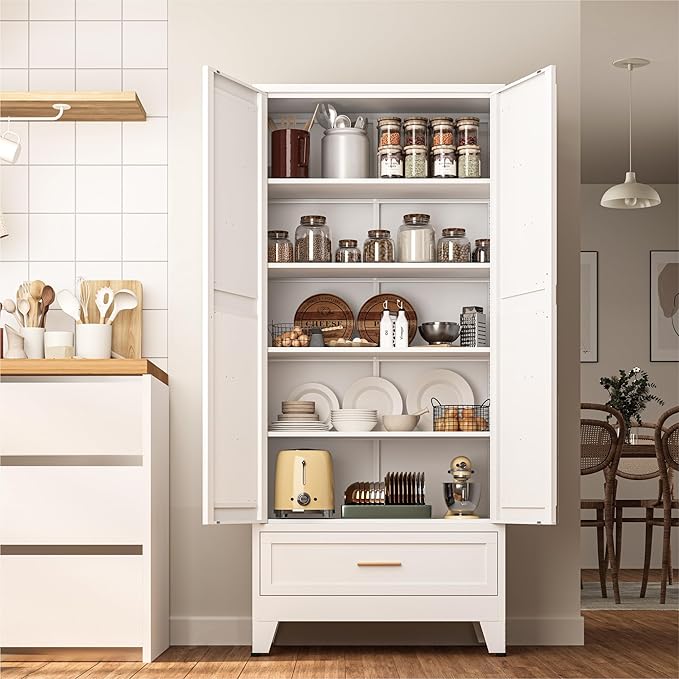 71 "Farmhouse Metal Filing Cabinet with a Drawer and 4 Adjustable Shelves, with 2 Large barn Door White Kitchen Cabinets, Metal Food Cabinets for Home, Kitchen, Dining/Living Room (White)-CasaMuseHome