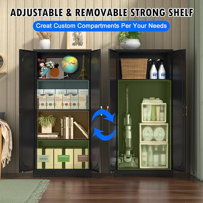 60" Tall Kitchen Pantry Cabinet, Metal Pantry Cabinet with Doors and Adjustable Shelves, Black Utility Storage Cabinet with Handles for Dining Room, Bathroom, Laundry Room - Assemble Required-CasaMuseHome