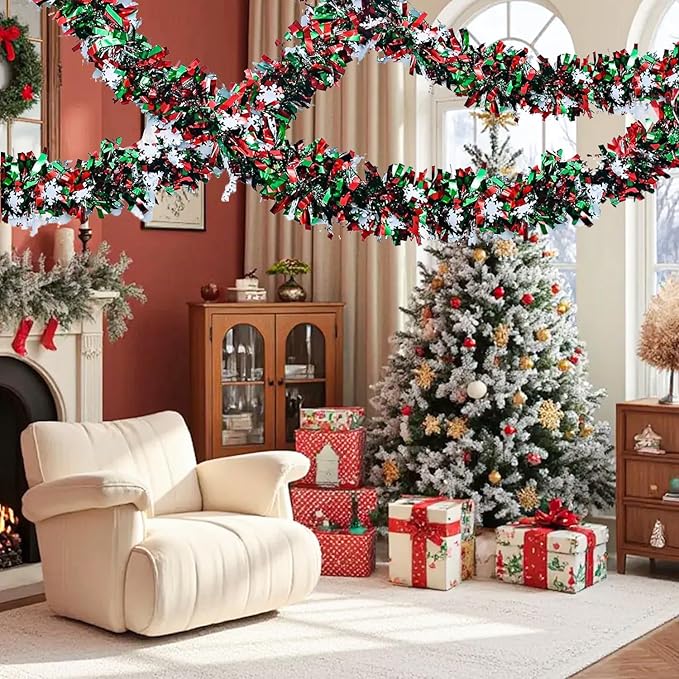 50 Feet Green Red Christmas Metallic Tinsel Twist Hanging Garland with Snowflake for Home Mantle Xmas Tree Staircase Railing New Year Holiday Party Indoor Outdoor Decorations-CasaMuseHome