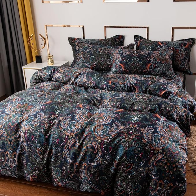 ABREEZE Luxury Vintage Black Duvet Cover Sets Damask Paisley Bedding Set Retro 100% Brushed Cotton Zipper Closure Bedding Collection King Size-CasaMuseHome