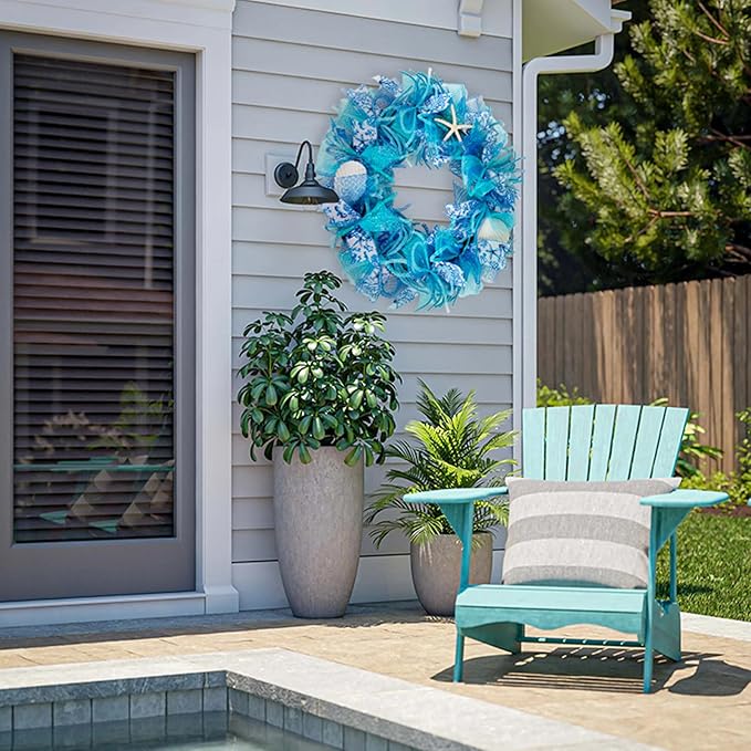 24 Inch Coastal Seashell Large Wreath with Natural Starfish & Scallops Shell, Blue Beach Style Front Door Wreath with for Spring Summer, Farmhouse Rustic Indoor Outdoor Home Wall Wedding Decor-CasaMuseHome