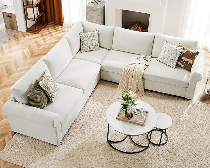 L Shaped Sectional Sofa with Detachable Sofa Cover,Rolled Armrest,Sectional Modular Couch for Living Room,Breathable Linen Fabric Corner Couch with 7 Seats for Apartment,Removable Cushion,Ivory-CasaMuseHome