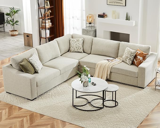 112" L Shaped Sectional Sofa with Detachable Sofa Cover, Reversible Sectional Modular Couch for Living Room, Linen Fabric Corner Couch with 7 Seats, Oatmeal-CasaMuseHome