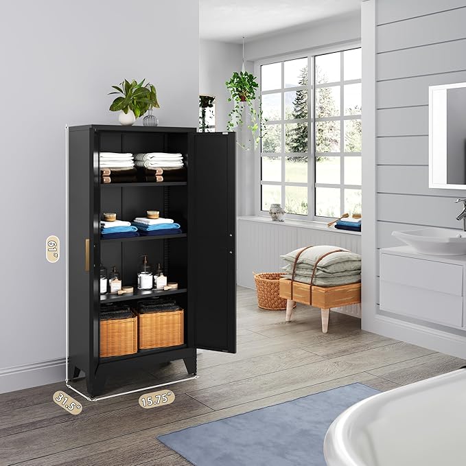 61" Tall Farmhouse Metal Pantry Cabinet, Kitchen Pantry Storage Cabinets with 2 Barn Door and Adjustable Shelves,Metal Pantry Storage Cabinet,for Kitchen,Laundry Room,Home Office,Kids Room (Black)-CasaMuseHome