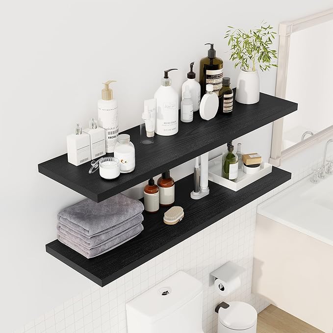 48" Floating Shelves for Wall, 12" Deep Slim Black Floating Shelves, Wall-Mounted Shelves for Bedroom, Living Room, Kitchen, Bathroom - Set of 2-CasaMuseHome
