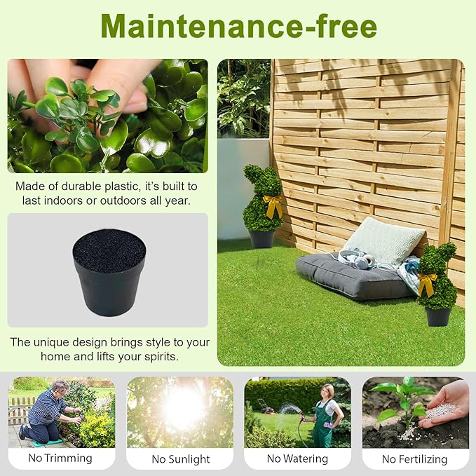 2 Pcs Artificial Bunny Shaped Topiary Trees, Artificial Green Boxwood Bunny Decorations with Gold Bow, Perfect for Indoor & Outdoor Front Porch, Easter& Garden Decor (Bunny Tree with Base)-CasaMuseHome