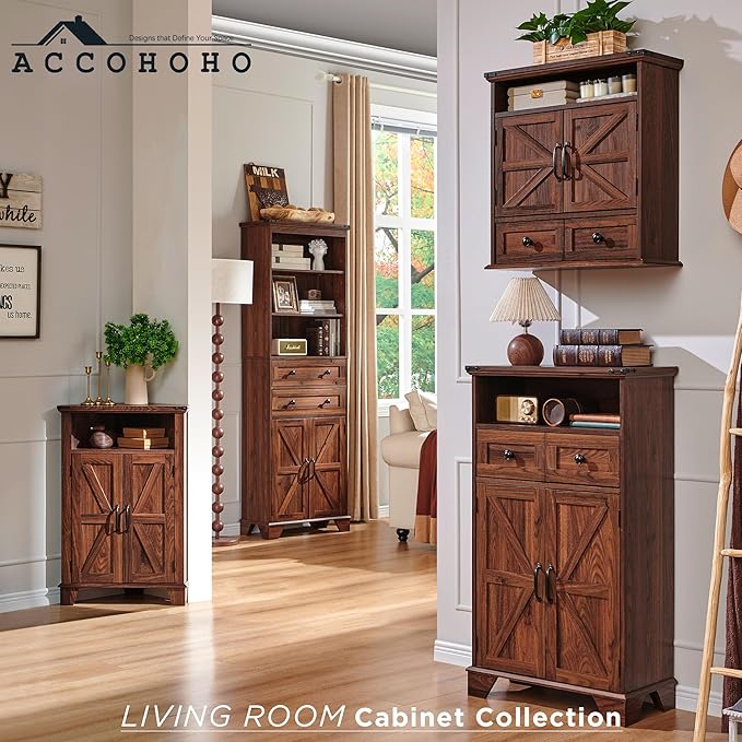 72" Tall Bathroom Storage Cabinet, Farmhouse Storage Cabinet with Adjustable Shelves, Barn Door & 2 Drawers, Cabinet for Bathroom, Living Room & Kitchen, Brown-CasaMuseHome