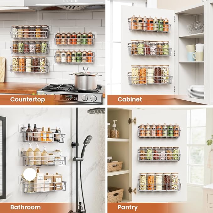 5 Pack Spice Rack Seasoning Organizer Wall Mount, Screw or Adhesive Hanging Shelf Basket Spice Organizer Shelf for Kitchen, Silver-CasaMuseHome