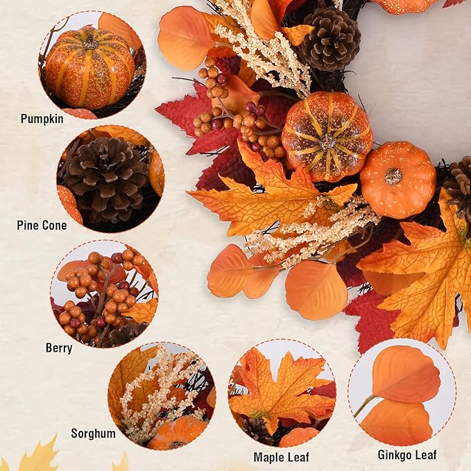 20 Inch Thanksgiving Fall Wreath, Berries Pumpkins Maple Leaves Pine Cones Autumn Wreaths with Hook for Front Door, Fall Decor, Porch Wall Home Outdoor Holiday Decorations Wreath for Autumn-CasaMuseHome