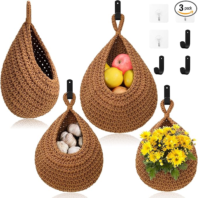 Hanging Fruit Baskets for Kitchen - 3 Pack Boho Wall Hanging Basket with 6 Pcs Strong Hooks, Handwoven Hanging Holder Teardrop Home Produce Basket for Fruits Vegetable Potato Onion Storage (Linen)-CasaMuseHome