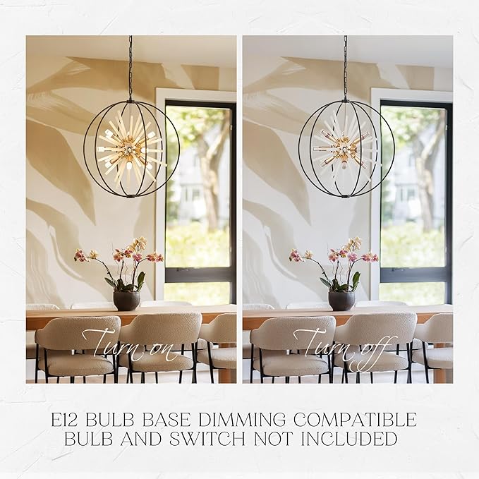 23.6" Black Gold 12-Light Globe Sputnik Chandelier Modern Adjustable Hanging Ceiling Glass Tube Pendant Light Fixture for Entryway Foyer Staircase Dining Living Room Hallway-CasaMuseHome