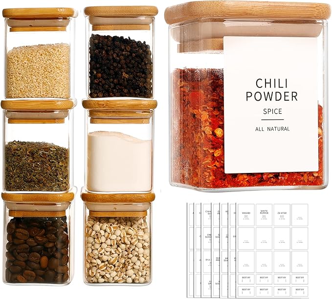 12 Pcs Square Glass Spice Jars with Natural Bamboo Lids - 9oz Airtight Herb Containers with 148 Waterproof Minimalist Spice Labels Preprinted - Empty Small Seasoning Jars for Kitchen Pantry-CasaMuseHome