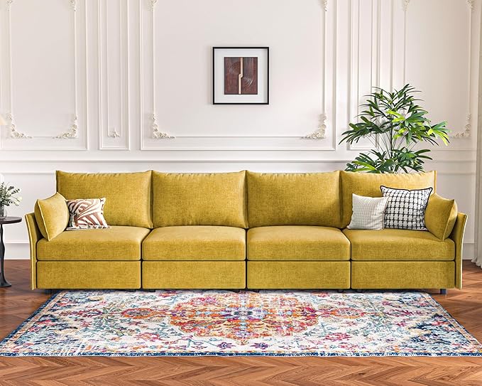 134.6" Modular Sectional Sofa, Oversized 4 Seater Couch with Removable Yellow Chenille Fabric Cover, Deep Seat & High Backrest for Living Room, Office & Apartment-CasaMuseHome