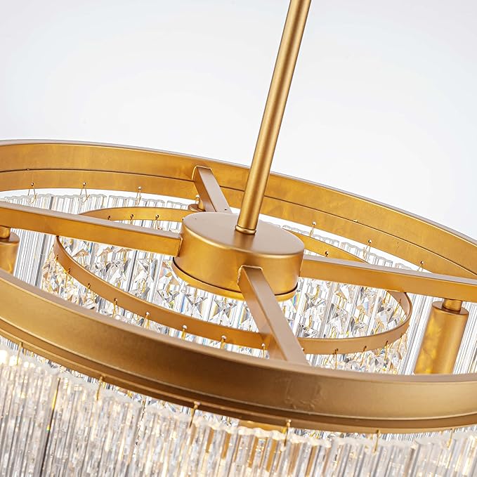 4-Lights Drum Glass Chandelier, Modern Style Light Fixture for Dining Room, Bedroom, Ripple Glass Shade & Brass Finish, D16.5 * H18~48 inch (Adjustable Height)-CasaMuseHome