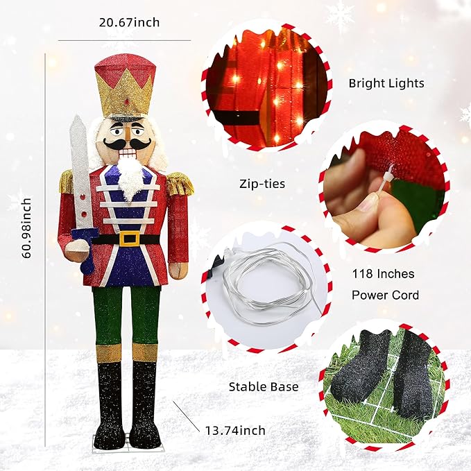 61Inch Nutcracker Christmas Decor Outdoor with LEDs 5 Feet Lighted Large Nutcracker Lighted Christmas Decorations Outdoor with Stakes & Zip Ties for Xmas Yard, Porch, Lawn-CasaMuseHome