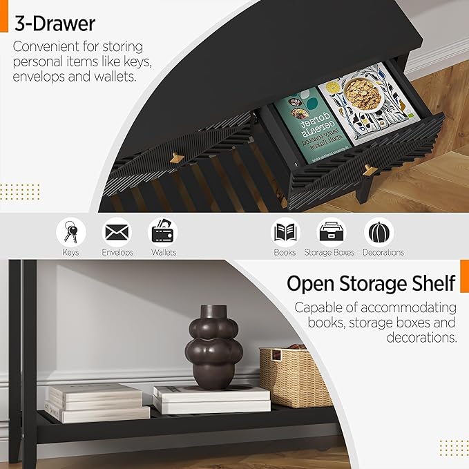 47" Console Table with 3 Drawers, Fluted Narrow Long Entryway Table with Storage Shelf, Accent Table for Entryway, Living Room, Behind Couch, Foyer, Hallway, Office-CasaMuseHome