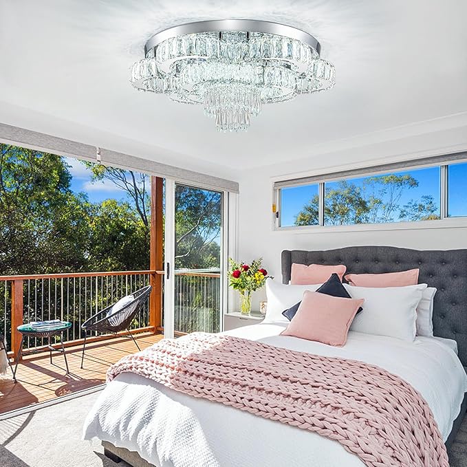 21 Inch Crystal Chandelier LED Flush Mount Ceiling Light Fixtures Luxury Chandeliers for Living Room Bathroom Bedroom Entrance Dining Room(Cool White)-CasaMuseHome