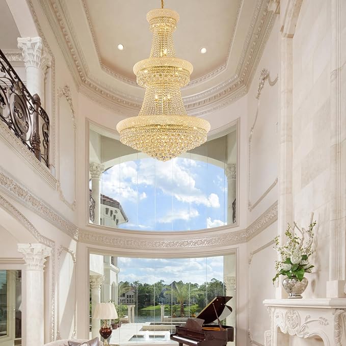 31 - Light Large Empire Crystal Chandelier for High Ceiling Foyer Entryway Staircase Living Room Dining Room Gold Finish-CasaMuseHome