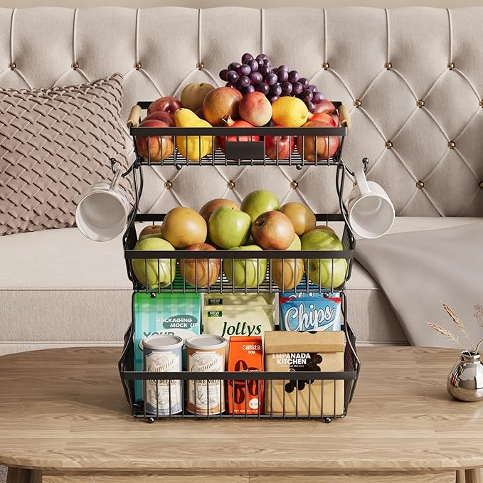 3 Tier Fruit Basket for Kitchen Counter with 2 Banana Hangers, Countertop Metal Fruit Bowl with Wooden Handle, Large Storage Stand for Vegetables, Snacks, Breads, Produce Storage – Black-CasaMuseHome