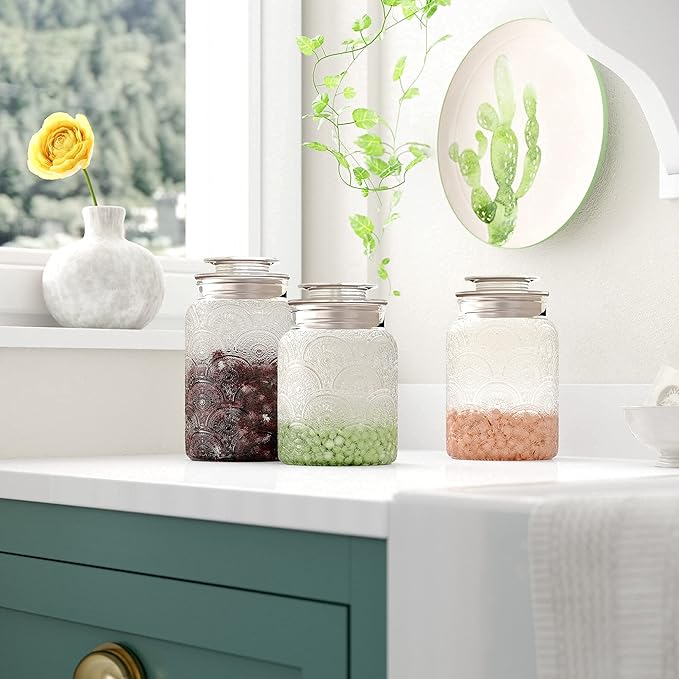 Le'raze Food Storage Containers with Airtight Lids - Retro Design - Pantry Organization, Glass Canisters Storage for Cookies, Tea, Sugar, Candy Jars, Sugar Packet, Set of 3-CasaMuseHome